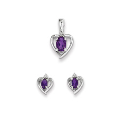 Girls Birthstone Heart Jewelry - Genuine Diamond and Amethyst Birthstone - Earrings and Necklace Set - Sterling Silver Rhodium - Grow-With-Me® 16