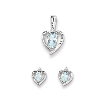Girls Birthstone Heart Jewelry - Genuine Diamond and Aquamarine Birthstone - Earrings and Necklace Set - Sterling Silver Rhodium - Grow-With-Me® 16" adj. chain included - Save $10 with this set