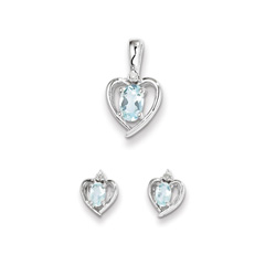 Girls Birthstone Heart Jewelry - Genuine Diamond and Aquamarine Birthstone - Earrings and Necklace Set - Sterling Silver Rhodium - Grow-With-Me® 16