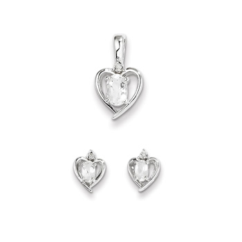 Girls Birthstone Heart Jewelry - Genuine Diamond and White Topaz Birthstone - Earrings and Necklace Set - Sterling Silver Rhodium - Grow-With-Me® 16" adj. chain included - Save $10 with this set