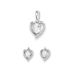 Girls Birthstone Heart Jewelry - Genuine Diamond and White Topaz Birthstone - Earrings and Necklace Set - Sterling Silver Rhodium - Grow-With-Me® 16