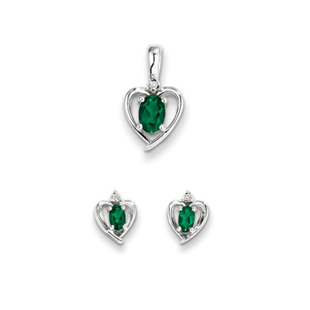 Girls Birthstone Heart Jewelry - Genuine Diamond and Created Emerald Birthstone - Earrings and Necklace Set - Sterling Silver Rhodium - Grow-With-Me® 16" adj. chain included - Save $10 with this set