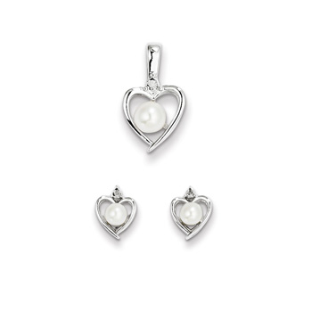 Girls Birthstone Heart Jewelry - Gen. Diamond Freshwater Cultured Pearl Birthstone - Earrings & Necklace Set - Sterling Silver Rhodium - Grow-With-Me® 16" adj. chain included - Save $10 with this set
