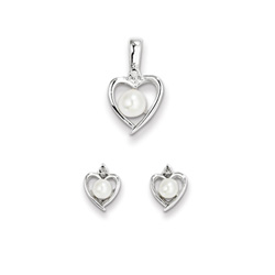 Girls Birthstone Heart Jewelry - Gen. Diamond Freshwater Cultured Pearl Birthstone - Earrings & Necklace Set - Sterling Silver Rhodium - Grow-With-Me® 16