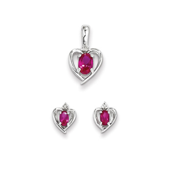 Girls Birthstone Heart Jewelry - Genuine Diamond & Created Ruby Birthstone - Earrings and Necklace Set - Sterling Silver Rhodium - Grow-With-Me® 16" adj. chain included - Save $10 with this set
