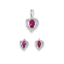 Girls Birthstone Heart Jewelry - Genuine Diamond & Created Ruby Birthstone - Earrings and Necklace Set - Sterling Silver Rhodium - Grow-With-Me® 16