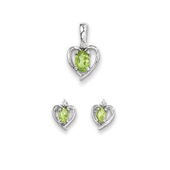 Girls Birthstone Heart Jewelry - Genuine Diamond & Peridot Birthstone - Earrings and Necklace Set - Sterling Silver Rhodium - Grow-With-Me® 16" adj. chain included - Save $10 with this set