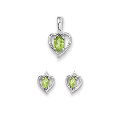 Girls Birthstone Heart Jewelry - Genuine Diamond & Peridot Birthstone - Earrings and Necklace Set - Sterling Silver Rhodium - Grow-With-Me® 16