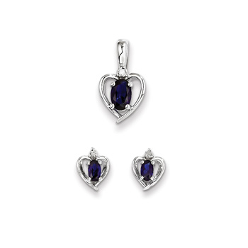 Girls Birthstone Heart Jewelry - Genuine Diamond & Created Blue Sapphire Birthstone - Earrings & Necklace Set - Sterling Silver Rhodium - Grow-With-Me® 16" adj. chain included - Save $10 with this set