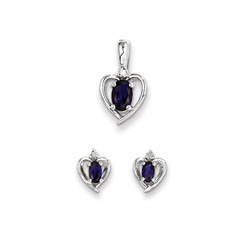 Girls Birthstone Heart Jewelry - Genuine Diamond & Created Blue Sapphire Birthstone - Earrings & Necklace Set - Sterling Silver Rhodium - Grow-With-Me® 16