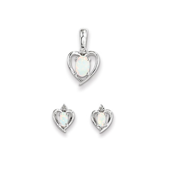 Girls Birthstone Heart Jewelry - Genuine Diamond and Created Opal Birthstone - Earrings and Necklace Set - Sterling Silver Rhodium - Grow-With-Me® 16" adj. chain included - Save $10 with this set 