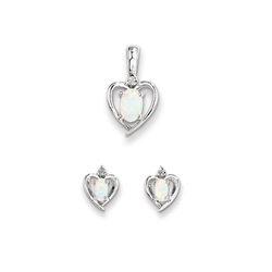 Girls Birthstone Heart Jewelry - Genuine Diamond and Created Opal Birthstone - Earrings and Necklace Set - Sterling Silver Rhodium - Grow-With-Me® 16
