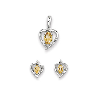 Girls Birthstone Heart Jewelry - Genuine Diamond & Citrine Birthstone - Earrings and Necklace Set - Sterling Silver Rhodium - Grow-With-Me® 16" adj. chain included - Save $10 with this set 