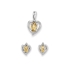 Girls Birthstone Heart Jewelry - Genuine Diamond & Citrine Birthstone - Earrings and Necklace Set - Sterling Silver Rhodium - Grow-With-Me® 16