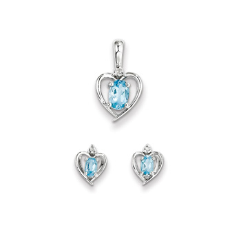 Girls Birthstone Heart Jewelry - Genuine Diamond & Blue Topaz Birthstone - Earrings and Necklace Set - Sterling Silver Rhodium - Grow-With-Me® 16" adj. chain included - Save $10 with this set 