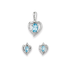 Girls Birthstone Heart Jewelry - Genuine Diamond & Blue Topaz Birthstone - Earrings and Necklace Set - Sterling Silver Rhodium - Grow-With-Me® 16