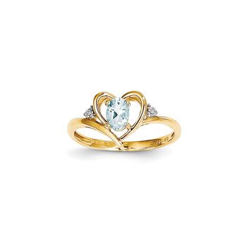 Girls Diamond Birthstone Heart Ring - Genuine Aquamarine Birthstone with Diamond Accents - 14K Yellow Gold - SPECIAL ORDER - Size 5
