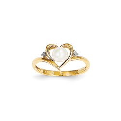 Girls Diamond Birthstone Heart Ring - Freshwater Cultured Pearl Birthstone with Diamond Accents - 14K Yellow Gold - SPECIAL ORDER - Size 5/