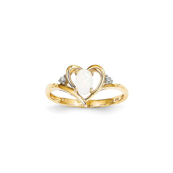 Girls Diamond Birthstone Heart Ring - Genuine Opal Birthstone with Diamond Accents - 14K Yellow Gold - Size 5