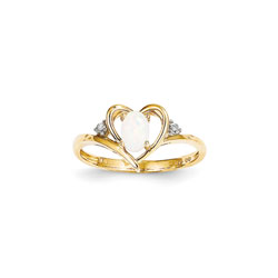 Girls Diamond Birthstone Heart Ring - Genuine Opal Birthstone with Diamond Accents - 14K Yellow Gold - Size 5/