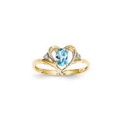 Girls Diamond Birthstone Heart Ring - Genuine Blue Topaz Birthstone with Diamond Accents - 14K Yellow Gold - Size 5/