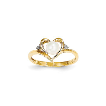 Girls Diamond Birthstone Heart Ring - Freshwater Cultured Pearl Birthstone with Diamond Accents - 14K Yellow Gold - SPECIAL ORDER - Size 6