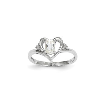 Girls Diamond Birthstone Heart Ring - Genuine White Topaz Birthstone with Diamond Accents - 14K White Gold - SPECIAL ORDER - Size 5