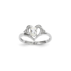Girls Diamond Birthstone Heart Ring - Genuine White Topaz Birthstone with Diamond Accents - 14K White Gold - SPECIAL ORDER - Size 5/