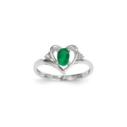 Girls Diamond Birthstone Heart Ring - Genuine Emerald Birthstone with Diamond Accents - 14K White Gold - SPECIAL ORDER - Size 5/