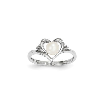 Girls Diamond Birthstone Heart Ring - Freshwater Cultured Pearl Birthstone with Diamond Accents - 14K White Gold - SPECIAL ORDER - Size 5