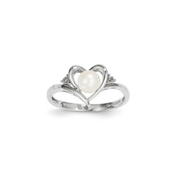 Girls Diamond Birthstone Heart Ring - Freshwater Cultured Pearl Birthstone with Diamond Accents - 14K White Gold - SPECIAL ORDER - Size 5/
