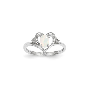 Girls Diamond Birthstone Heart Ring - Genuine Opal Birthstone with Diamond Accents - 14K White Gold - Size 5 - BEST SELLER