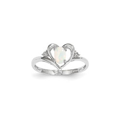 Girls Diamond Birthstone Heart Ring - Genuine Opal Birthstone with Diamond Accents - 14K White Gold - Size 5 - BEST SELLER/