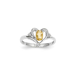 Girls Diamond Birthstone Heart Ring - Genuine Citrine Birthstone with Diamond Accents - 14K White Gold - Size 5/
