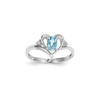 Girls Diamond Birthstone Heart Ring - Genuine Blue Topaz Birthstone with Diamond Accents - 14K White Gold - Size 6