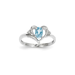 Girls Diamond Birthstone Heart Ring - Genuine Blue Topaz Birthstone with Diamond Accents - 14K White Gold - Size 6/