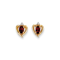 Girls Birthstone Heart Earrings - Genuine Diamond & Garnet Birthstone - 14K Yellow Gold - Push-back posts/
