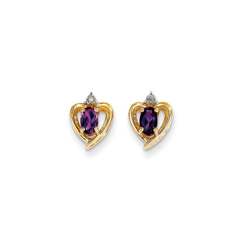 Girls Birthstone Heart Earrings - Genuine Diamond & Amethyst Birthstone - 14K Yellow Gold - Push-back posts