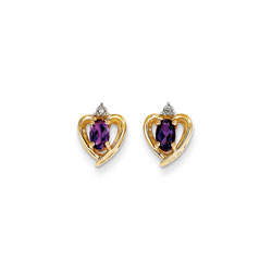 Girls Birthstone Heart Earrings - Genuine Diamond & Amethyst Birthstone - 14K Yellow Gold - Push-back posts/