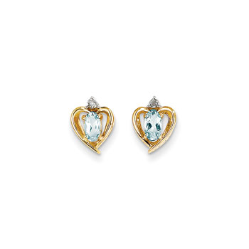 Girls Birthstone Heart Earrings - Genuine Diamond & Aquamarine Birthstone - 14K Yellow Gold - Push-back posts - BEST SELLER