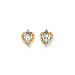 Girls Birthstone Heart Earrings - Genuine Diamond & Aquamarine Birthstone - 14K Yellow Gold - Push-back posts - BEST SELLER/