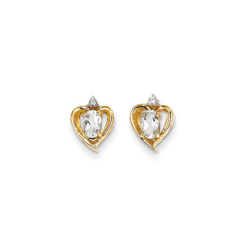 Girls Birthstone Heart Earrings - Genuine Diamond & White Topaz Birthstone - 14K Yellow Gold - Push-back posts
