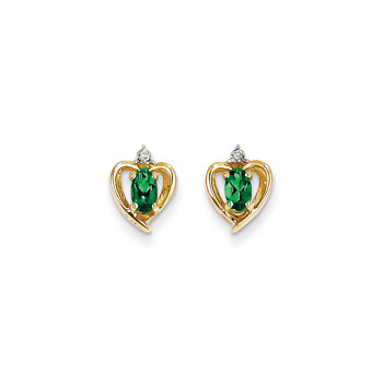 Girls Birthstone Heart Earrings - Genuine Diamond & Emerald Birthstone - 14K Yellow Gold - Push-back posts