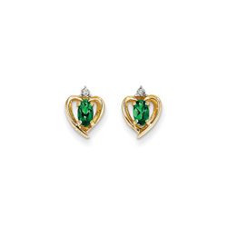 Girls Birthstone Heart Earrings - Genuine Diamond & Emerald Birthstone - 14K Yellow Gold - Push-back posts/