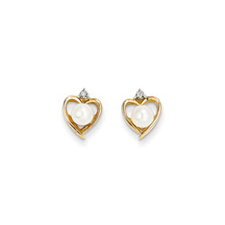 Girls Birthstone Heart Earrings - Genuine Diamond & Freshwater Cultured Pearl Birthstone - 14K Yellow Gold - Push-back posts/