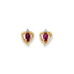 Girls Birthstone Heart Earrings - Genuine Diamond & Ruby Birthstone - 14K Yellow Gold - Push-back posts/
