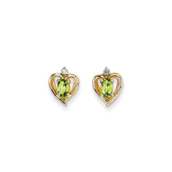 Girls Birthstone Heart Earrings - Genuine Diamond & Peridot Birthstone - 14K Yellow Gold - Push-back posts/
