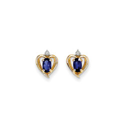 Girls Birthstone Heart Earrings - Genuine Diamond & Blue Sapphire Birthstone - 14K Yellow Gold - Push-back posts/