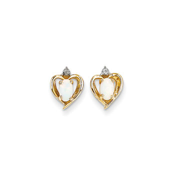 Girls Birthstone Heart Earrings - Genuine Diamond & Opal Birthstone - 14K Yellow Gold - Push-back posts