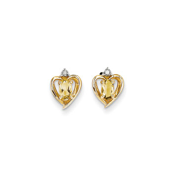 Girls Birthstone Heart Earrings - Genuine Diamond & Citrine Birthstone - 14K Yellow Gold - Push-back posts